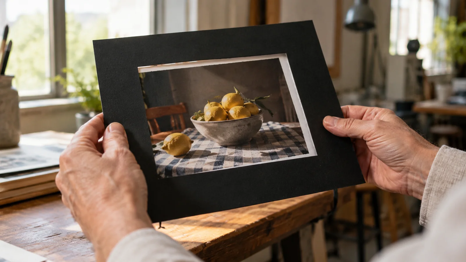 Ruce kontrolují výřez tištěné fotografie zátiší
