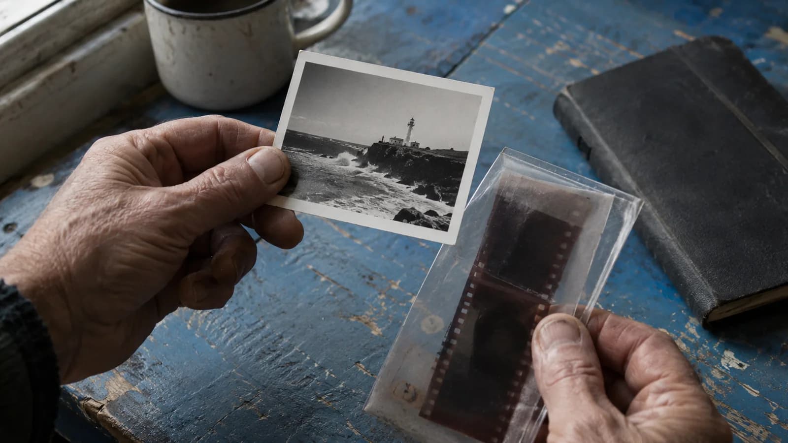 A photographic print beside a negative sleeve and notebook