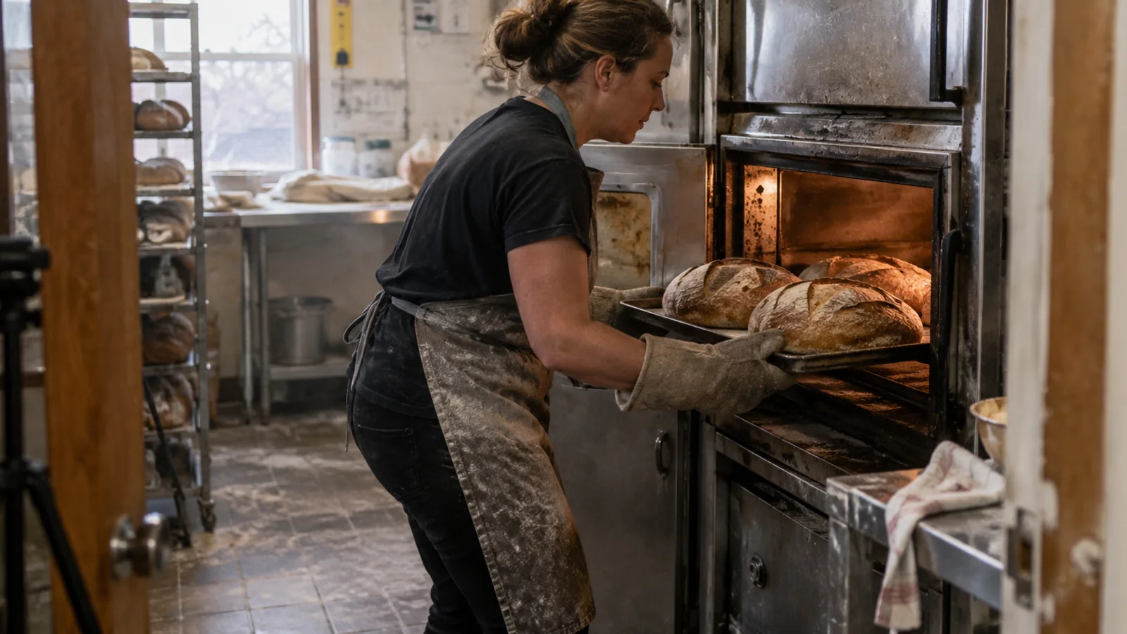 Un panadero saca una bandeja de pan del horno
