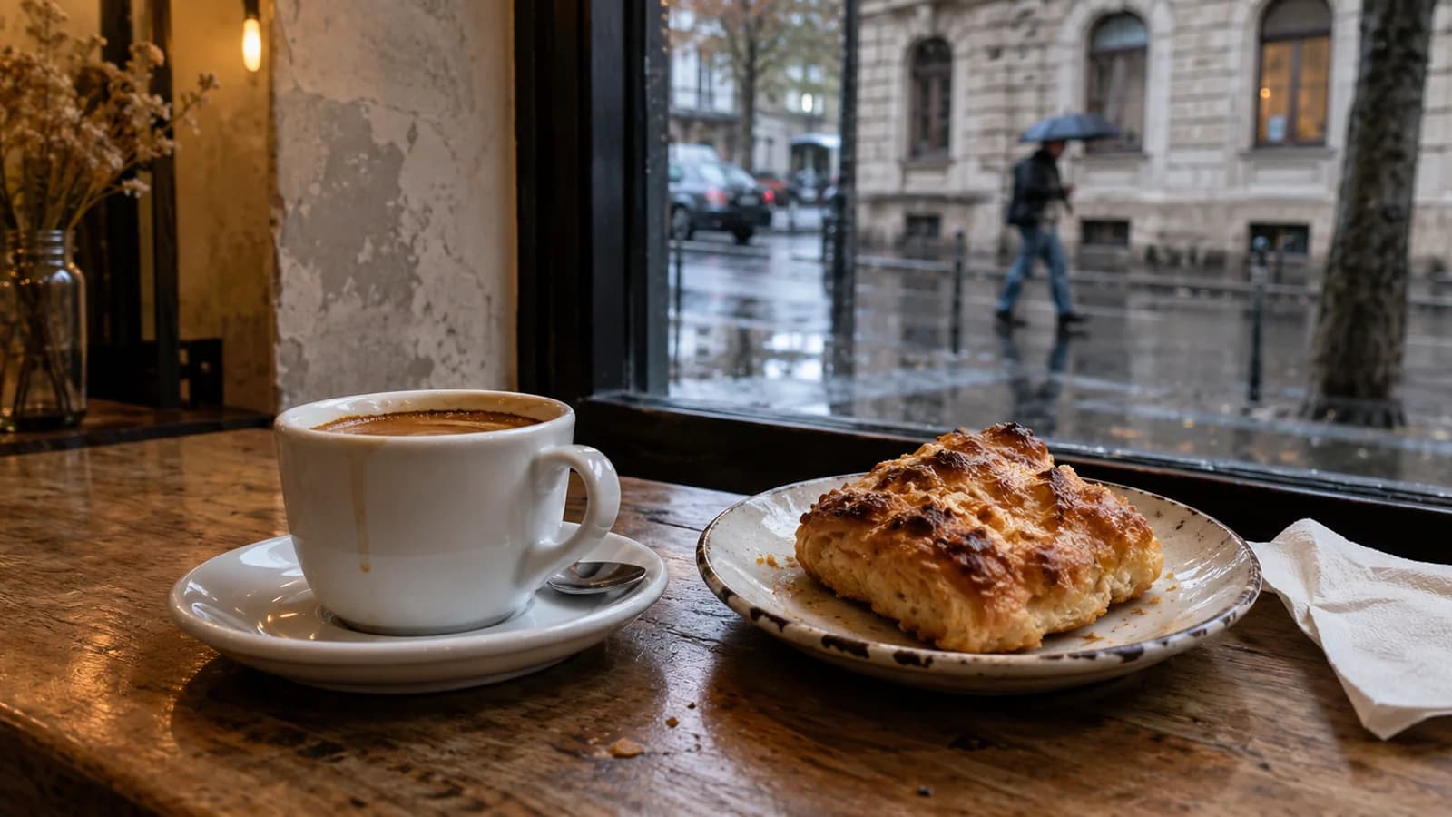Kape at pastry sa bintanang tanaw ang maulang kalye ng Budapest