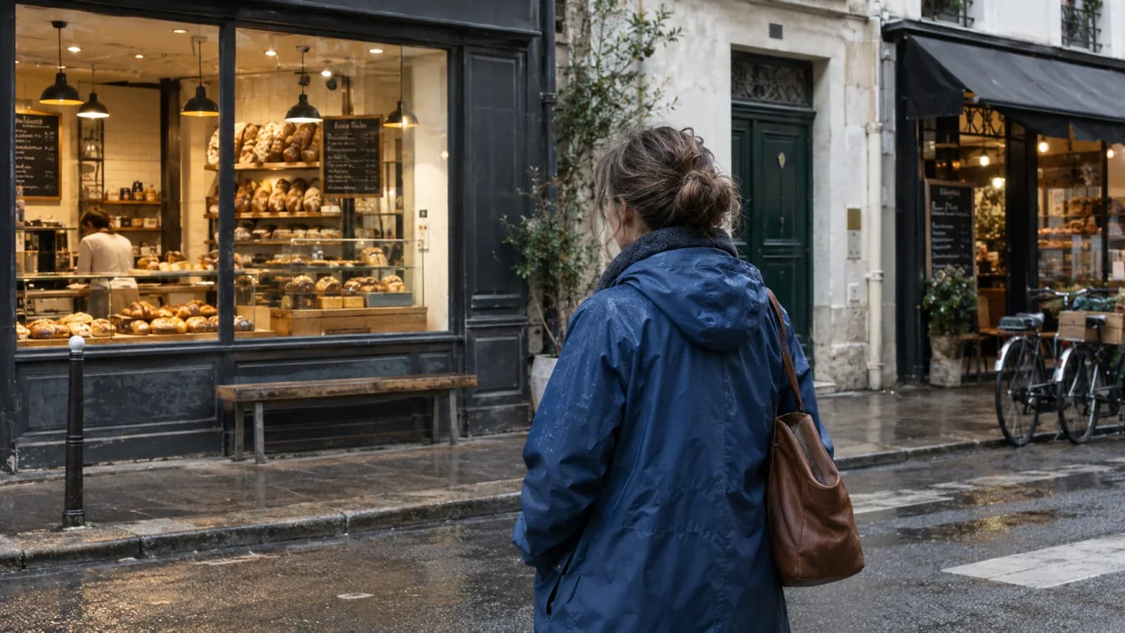 A bakery owner looking at neighboring shop windows from the street