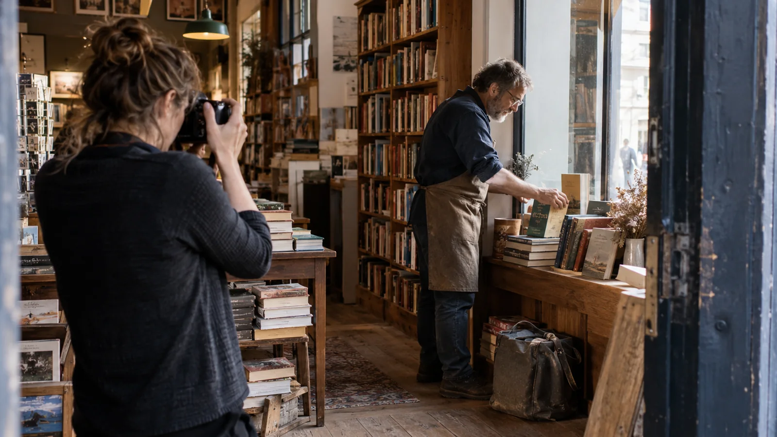 مصورة تعمل مع بائع كتب على تجهيز واجهة المتجر